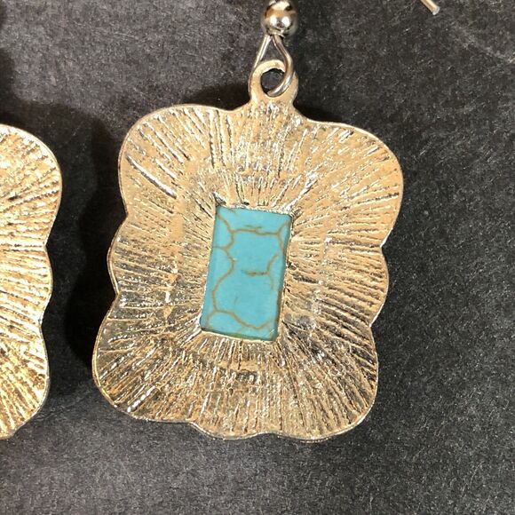 Silver Tone and Faux Turquoise Earrings Rectangle Cabachon Pierced Hook Jewelry - Picture 7 of 7